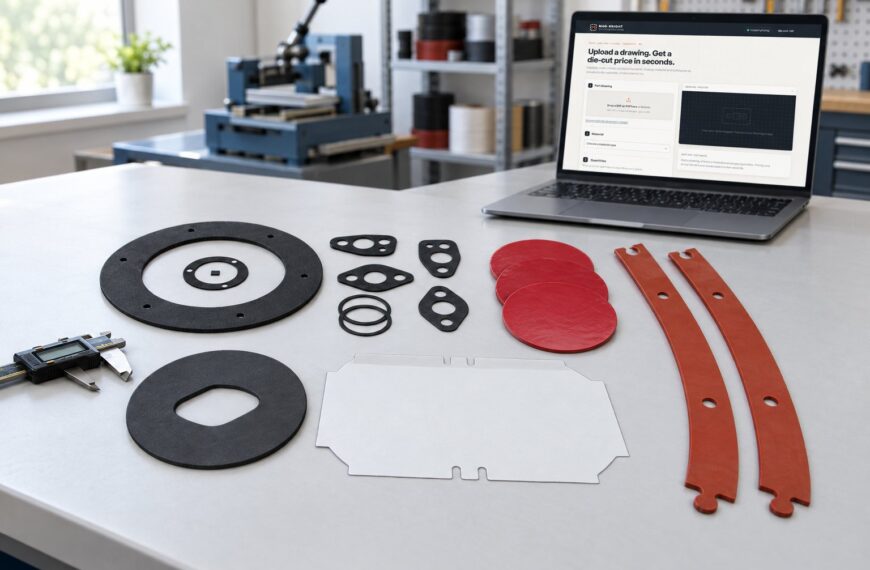 Custom die-cut rubber and silicone gaskets next to a laptop showing the Mag-Knight free instant gasket price estimator