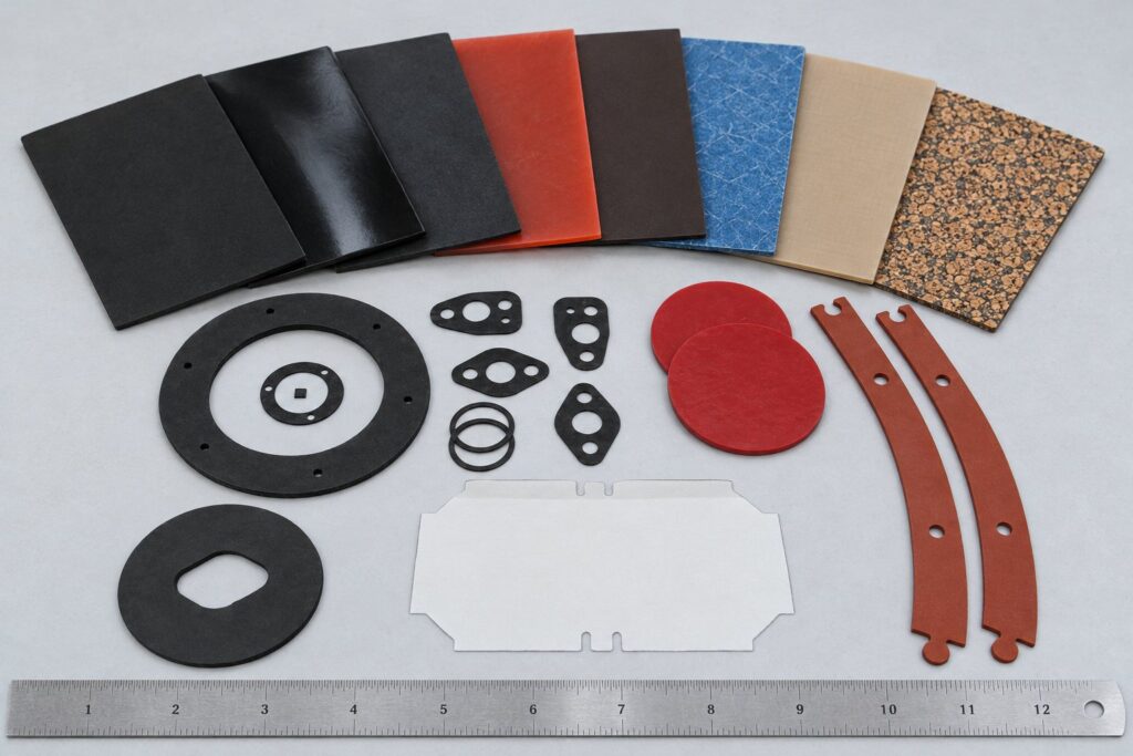 Gasket material samples: neoprene, nitrile, EPDM, silicone, Viton, compressed fiber, PTFE and cork-nitrile sheets with die-cut gaskets