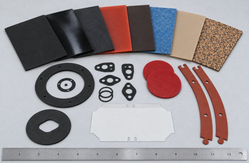 Gasket material samples: neoprene, nitrile, EPDM, silicone, Viton, compressed fiber, PTFE and cork-nitrile